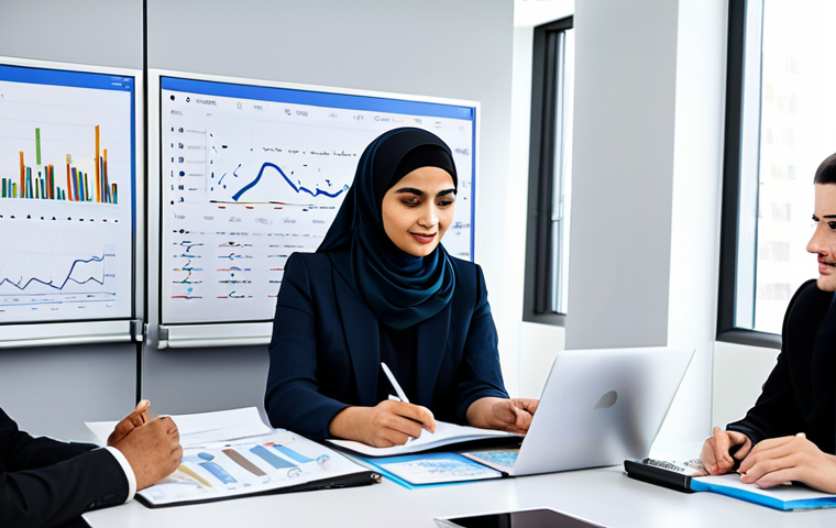 **
"A diverse team of data analysts collaborating in a modern office, reviewing dashboards and charts. Fully clothed, appropriate attire, safe for work. Emphasis on teamwork and problem-solving. Modern office setting with Arabic script on whiteboards in the background. Professional, modest, family-friendly. Perfect anatomy, correct proportions, natural pose, well-formed hands, proper finger count, natural body proportions, high quality."
**