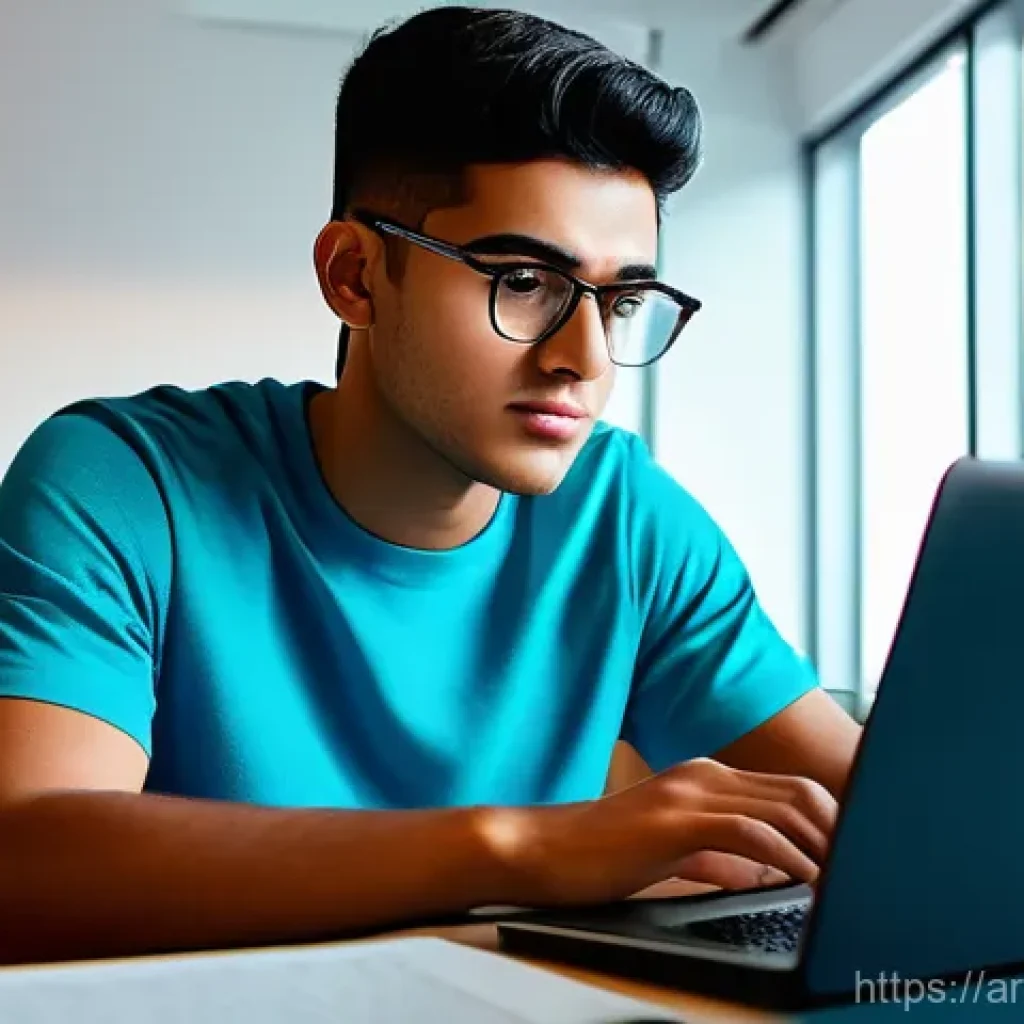 과거 데이터 활용한 학습 성과 예측 방법 - **Prompt:** "A young, focused male student of Arab descent, wearing smart casual attire, sits at a m...