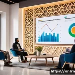 Home 21 학습 데이터 분석을 위한 데이터 스토리텔링 - A modern, professional office setting featuring a diverse Arab marketing team engaged in a data pres...