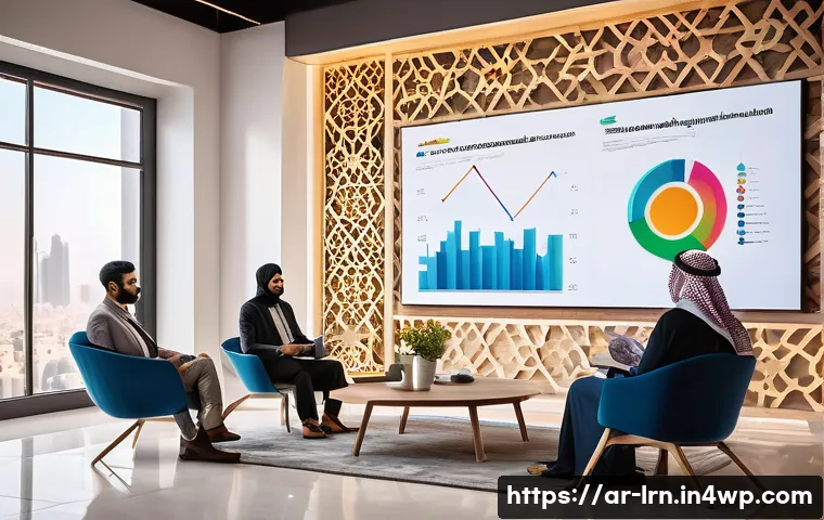 학습 데이터 분석을 위한 데이터 스토리텔링 - A modern, professional office setting featuring a diverse Arab marketing team engaged in a data pres...