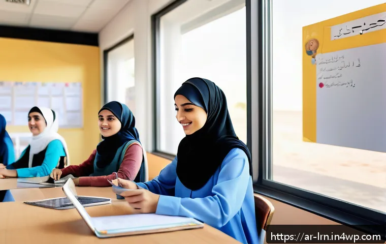 개인화된 학습을 위한 데이터 기반 접근 - A modern Arab classroom scene with a diverse group of students engaging interactively using digital ...