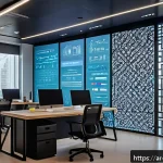 Home 18 학습 데이터 활용의 사회적 책임 - A modern, high-tech office environment in a Middle Eastern city with Arabic signage visible, featuri...