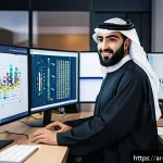Home 23 머신러닝에서의 학습 데이터 활용 사례 - A modern data scientist workspace in a Middle Eastern office setting, featuring an Arabic-language c...