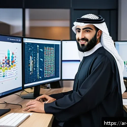 Home 17 머신러닝에서의 학습 데이터 활용 사례 - A modern data scientist workspace in a Middle Eastern office setting, featuring an Arabic-language c...