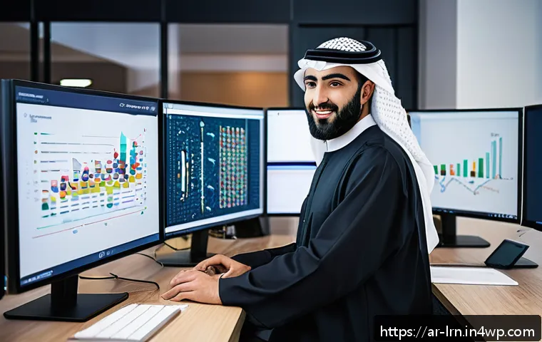 머신러닝에서의 학습 데이터 활용 사례 - A modern data scientist workspace in a Middle Eastern office setting, featuring an Arabic-language c...
