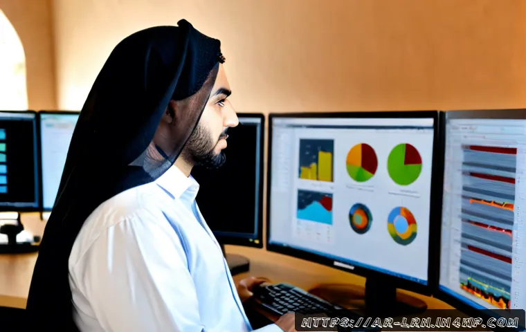오픈소스 도구를 활용한 학습 데이터 분석 - Photorealistic Arab data analyst in modest professional attire reviewing learning analytics on a lar...